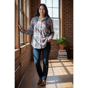 Columbia Sportswear Women's Plaid Hooded Flannel Shirt Jacket Pink Teal M